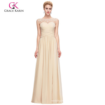 Grace Karin Elegant Sleeveless Boat Neck Tan Chiffon Long Prom Dress 2017 GK000090-1